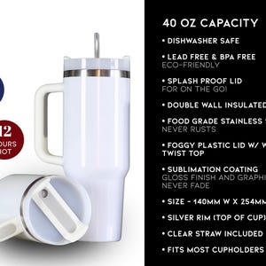 Op de afbeelding: Witte ge&iuml;soleerde beker van 40 oz (1183 ml) met een handvat en een zilveren rand. De beker heeft een wit deksel met een rietje en de tekst "40 OZ CAPACITY". Houdt drankjes 12 uur koud en 12 uur warm.