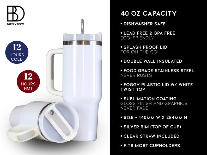 Op de afbeelding: Witte ge&iuml;soleerde beker van 40 oz (1183 ml) met een handvat en een zilveren rand. De beker heeft een wit deksel met een rietje en de tekst "40 OZ CAPACITY". Houdt drankjes 12 uur koud en 12 uur warm.