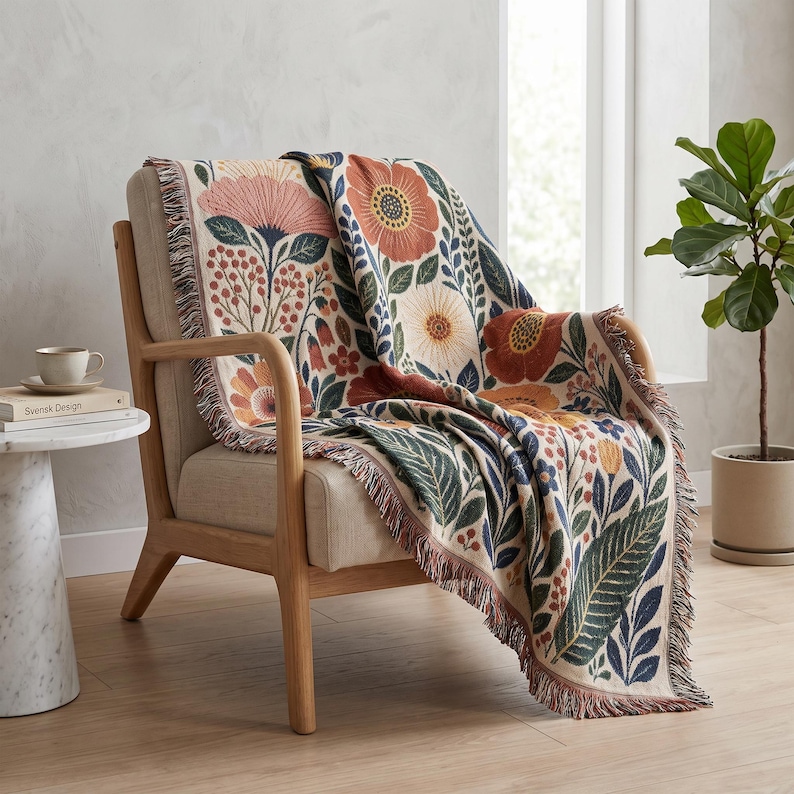 Puede incluir: Una manta tejida con un patr&oacute;n bot&aacute;nico de flores grandes de color naranja, rosa y blanco, hojas de color verde oscuro y peque&ntilde;as bayas rojas sobre un fondo crema, terminada con un fleco decorativo a lo largo de los bordes de la tela.