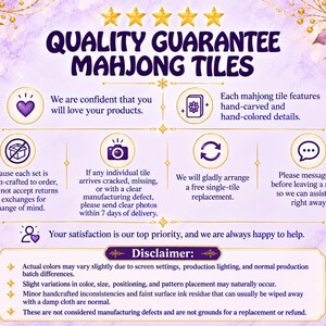 Puede incluir: Un gr&aacute;fico informativo morado y blanco titulado Quality Guarantee Mahjong Tiles. Incluye cinco estrellas doradas, iconos de coraz&oacute;n, ficha, c&aacute;mara, actualizar y burbuja de chat, con texto detallando pol&iacute;ticas sobre pedidos y reemplazos.