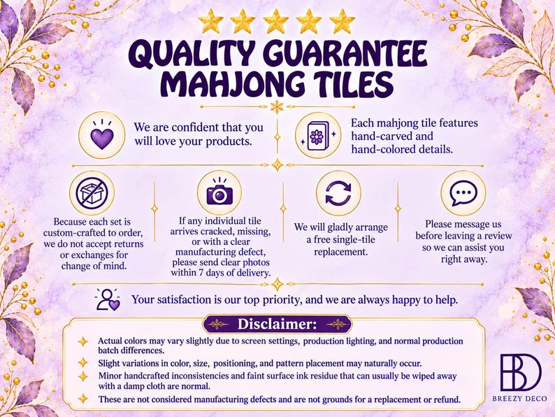 Puede incluir: Un gr&aacute;fico informativo morado y blanco titulado Quality Guarantee Mahjong Tiles. Incluye cinco estrellas doradas, iconos de coraz&oacute;n, ficha, c&aacute;mara, actualizar y burbuja de chat, con texto detallando pol&iacute;ticas sobre pedidos y reemplazos.