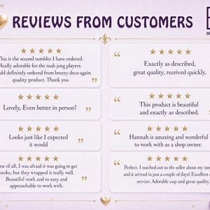 Puede incluir: Un gr&aacute;fico de color morado claro titulado REVIEWS FROM CUSTOMERS de BREEZY DECO. Presenta ocho cajas rectangulares blancas, cada una con cinco estrellas doradas y testimonios de clientes sobre vasos y el servicio.