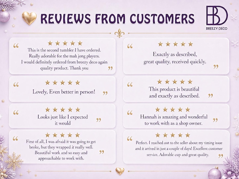 Puede incluir: Un gr&aacute;fico de color morado claro titulado REVIEWS FROM CUSTOMERS de BREEZY DECO. Presenta ocho cajas rectangulares blancas, cada una con cinco estrellas doradas y testimonios de clientes sobre vasos y el servicio.
