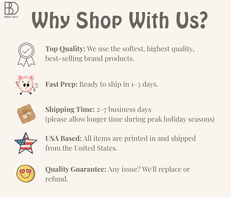Puede incluir: Un gr&aacute;fico informativo titulado Why Shop With Us? con el logotipo de Breezy Deco y cinco puntos con iconos: una insignia para calidad superior, un reloj para preparaci&oacute;n r&aacute;pida, un paquete para tiempo de env&iacute;o, una estrella con bandera de EE. UU. y una cara sonriente.