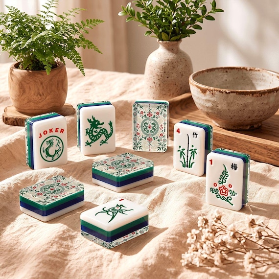 Chinoiserie Mahjong Tiles Set, Mahjong Lover Gift, Chinese Botanical 166 Pcs Acrylic Mahjong, 4-Layer Clear Tiles, Luxury Game Lover Gift
