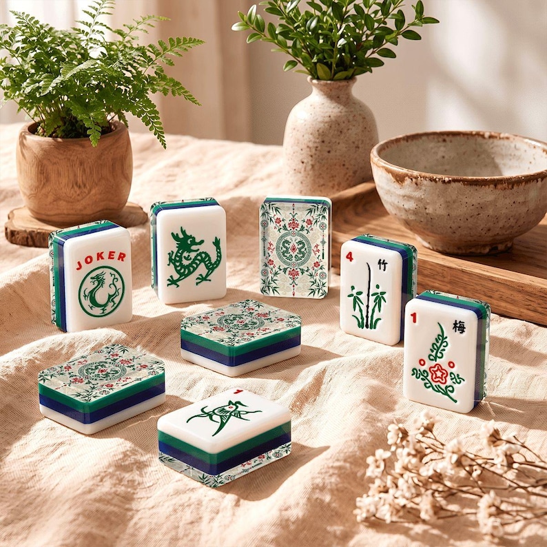 Chinoiserie Mahjong Tiles Set, Mahjong Lover Gift, Chinese Botanical 166 Pcs Acrylic Mahjong, 4-Layer Clear Tiles, Luxury Game Lover Gift