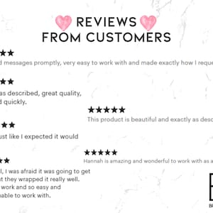 Op de afbeelding: Afbeelding met klantbeoordelingen met vijfsterrenbeoordelingen. Tekst bevat zinnen als "Precies zoals beschreven" en "Mooi werk". Het logo van de winkel, "Breezy Deco", staat rechtsonder. Er worden roze hartafbeeldingen gebruikt.