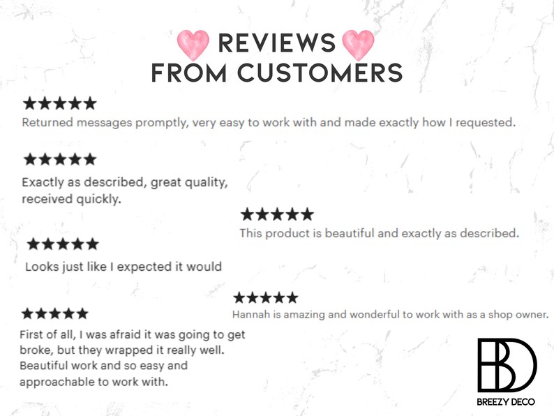 Op de afbeelding: Afbeelding met klantbeoordelingen met vijfsterrenbeoordelingen. Tekst bevat zinnen als "Precies zoals beschreven" en "Mooi werk". Het logo van de winkel, "Breezy Deco", staat rechtsonder. Er worden roze hartafbeeldingen gebruikt.