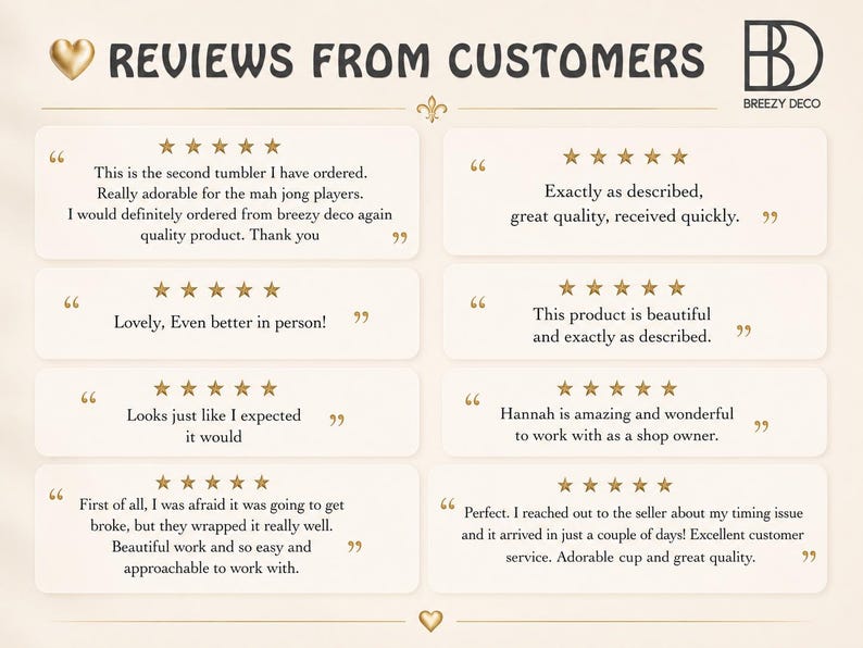 Puede incluir: Una pantalla gr&aacute;fica titulada REVIEWS FROM CUSTOMERS que presenta el logotipo de Breezy Deco y ocho rese&ntilde;as de cinco estrellas. El texto incluye comentarios de clientes sobre vasos, calidad, velocidad de env&iacute;o e interacciones con la tienda.