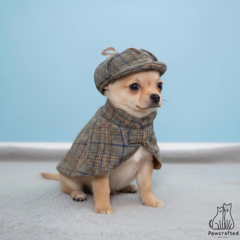 Small tan chihuahua puppy in the classic dog trench style hound cape with matching checked deerstalker hat, sitting on a pale rug against a blue wall.