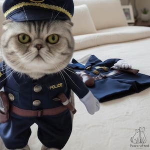 May include: A grey tabby cat wearing a dark blue police uniform costume with a matching cap, gold buttons, a brown belt, and white gloves. The word POLICE is printed in yellow on the chest. A second identical police uniform is laid out nearby.