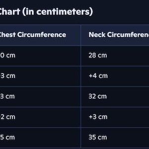 Sizing table for the hound cape dog trench costume, measurements in centimetres: S 30 cm chest, 28 cm neck, 13 cm back; M 33 cm chest, 32 cm neck, 16 cm back; L 35 cm chest, 35 cm neck, 19 cm back.