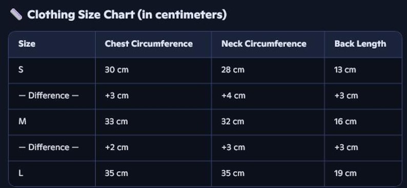 Sizing table for the hound cape dog trench costume, measurements in centimetres: S 30 cm chest, 28 cm neck, 13 cm back; M 33 cm chest, 32 cm neck, 16 cm back; L 35 cm chest, 35 cm neck, 19 cm back.