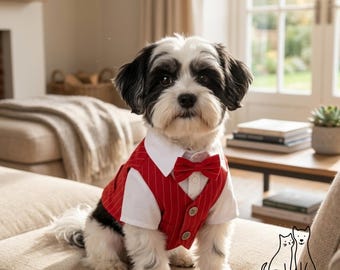 Costume pour chien avec nœud papillon, gilet rouge à fines rayures et chemise blanche, tenue de mariage formelle pour chiot, tenue de cérémonie style smoking pour petit chien faite main