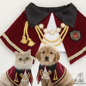Puede incluir: Capa burdeos para mascotas con cuello negro, ribete dorado y detalles de perlas. La capa presenta un emblema decorativo y se muestra en un gato y un cachorro golden retriever. La capa está diseñada para mascotas.