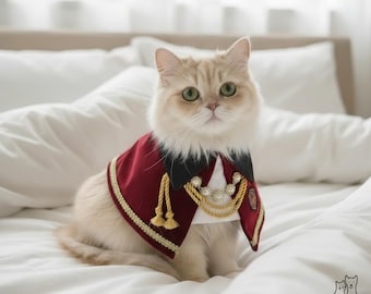 Disfraz de Príncipe Real para Mascotas, Capa de Duque de Terciopelo Hecha a Mano con Ribete Dorado y Escudo, Traje Formal para Gato o Perro para Fotos, Cosplay, Regalos y Ocasiones Especiales