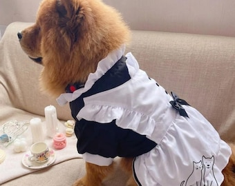 Robe de soubrette pour chien, tablier à volants noir et blanc, costume pour chien de taille moyenne, tenue de cosplay pour chiot mignon style anime avec nœud.