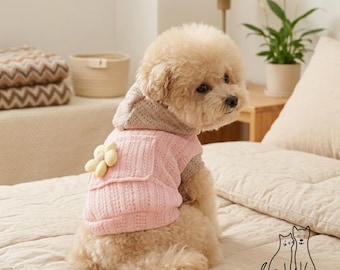 Sweat à capuche tricoté pour chien, rose, à fleurs crochetées, respirant, en maille ajourée, léger, vêtement de printemps pour petits chiens et chats
