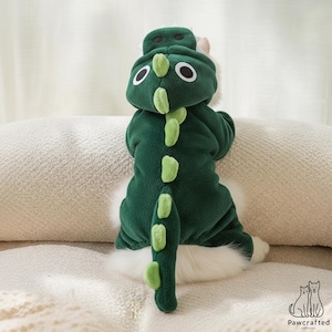 May include: A dark green fleece pet jumpsuit featuring a hood designed to look like a dinosaur head with white and black eyes. The back of the garment includes a row of light green, soft, padded spikes that extend down to a long, pointed tail.