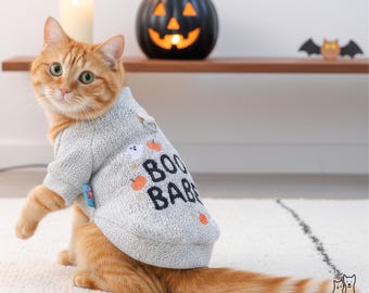 Halloween Cat Sweater BOO BABE Ghost Knit Pet Shirt Hand Sewn Fall Clothes for Cats and Small Dog Breeds Cute Spooky Season Outfit