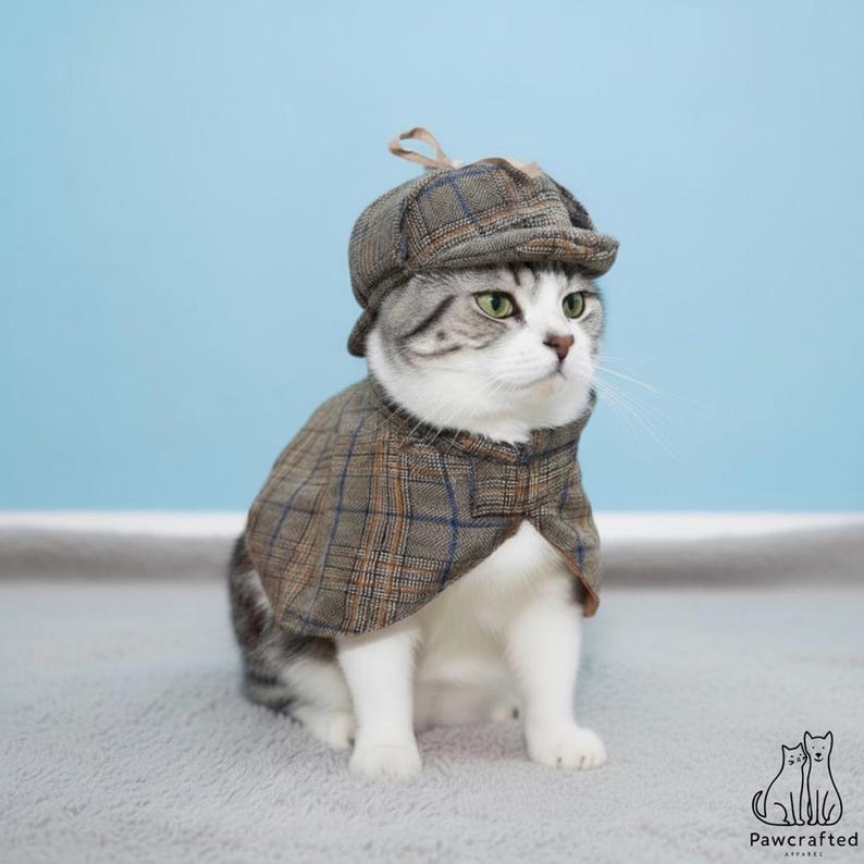 Grey and white tabby cat modelling the hound cape detective costume, checked tweed cape fastened at the throat under a matching flat deerstalker hat, sat on cream carpet before a light blue wall.