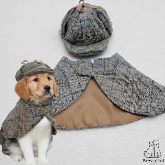 Detective Pet Costume Hound Cape with Hat Classic Dog Trench Coat Mystery Cat Cosplay Puppy Halloween Dress Up Outfit Photo Prop