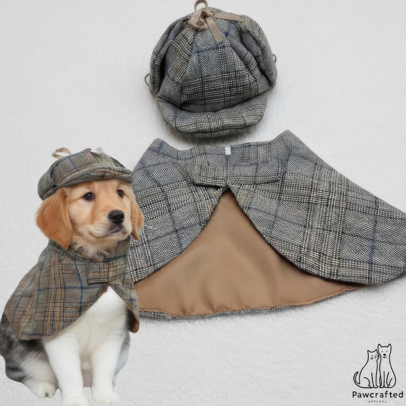 Grey plaid detective pet costume laid flat, the deerstalker hat above the hound cape which is opened to show its camel satin lining, beside a golden and white puppy wearing the same set.