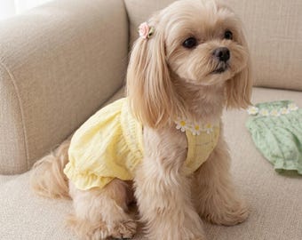 Haut d'été pour petit chien, blouse jaune pâle à volants avec col à marguerites, chemise légère pour animaux de compagnie, vêtements mignons pour chatons par temps chaud