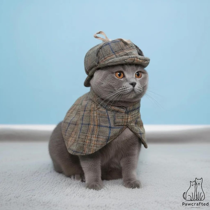 Grey British Shorthair cat with amber eyes wearing the detective pet costume, tweed cape fastened at the neck and flat cap with ear flaps, sat on a cream rug.