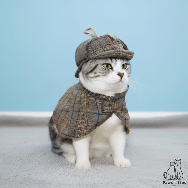Pet Detective Costume for Cats Vintage Dog Investigator Cape and Hat Set Mystery Hound Outfit Funny Puppy Cosplay Photo Prop Apparel