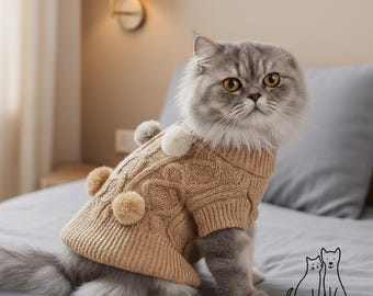 Pull en maille pour chat avec pompons, motif torsadé beige, épais, chaud et confortable, idéal pour l'hiver, les chats, les chiots et les petits chiens.