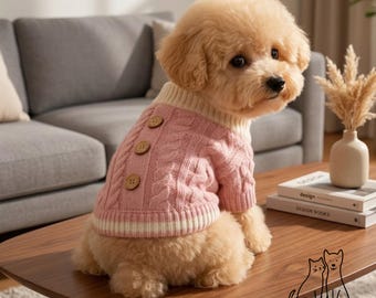 Pull pour petit chien en grosse maille torsadée, chaud pour l'hiver, rose, boutonné au dos, vêtement tricoté confortable pour chiens et chats par temps froid