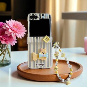 Cute Puppy Case with Striped Design Phone case for Galaxy Z Flip 3,4,5,6,7 Series Protective Cover with Kawaii Beaded Charm