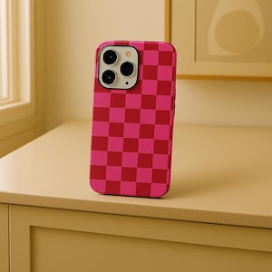 Red and Pink Plaid Checkered Phone Case for iPhone 11, 12, 13, 14, 15, 16 Series Wireless Charging Compatible