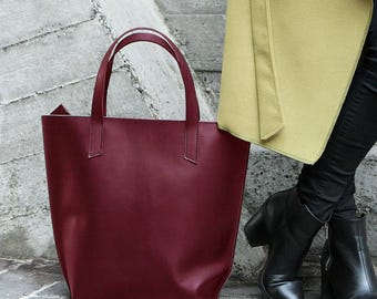 Leather Tote Bag - Burgundy Shopper (Handmade Krast)