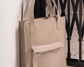 Handmade Leather Tote Bag in Light-Beige - Betsi Shopper