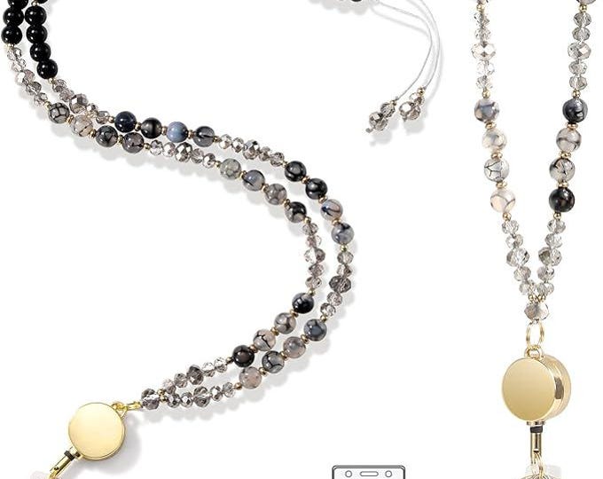 Natural Stone Beaded Retractable Lanyard, Handmade ID Badge Holder