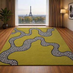 Handmade Chartreuse Abstract Winding Path Area Rug – Mid-Century Floor Art