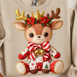 Christmas Deer Patchwork PNG, Christmas Reindeer png, preppy Christmas png, Christmas girly png, faux embroidery png, Stitched Reindeer Png