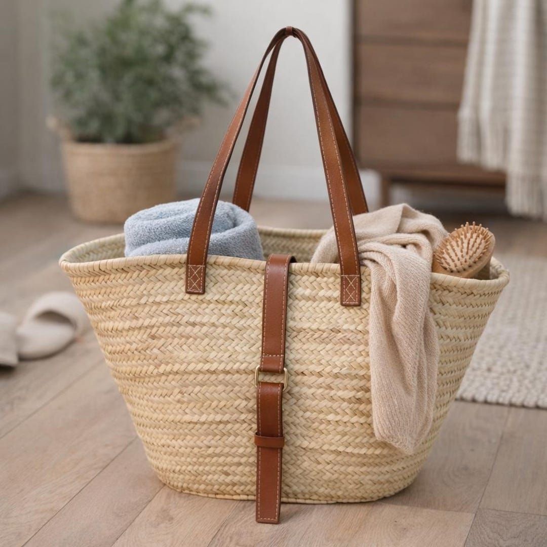 French Market Basket With Buckle, Moroccan Straw Bag, Leather Handles ...