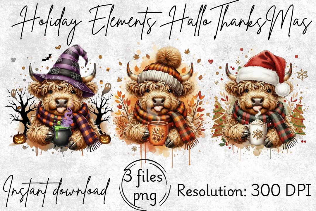 Seasonal Highland Cow PNG Bundle | Halloween, Fall & Christmas Cow ...