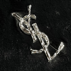Vintage Rare Excellent Brooch Silver Tone Yves Saint Laurent Big Logo
