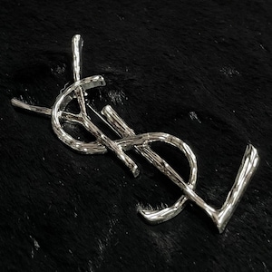 Vintage Rare Excellent Brooch Silver Tone Yves Saint Laurent Big Logo