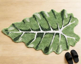 Monstera Leaves Washable Bedroom Carpet, Handmade Leaf Tufted Rug, Green Bathroom Door Mat, Tropical Leaf Rug, Botanical Plant Lovers Gifts.