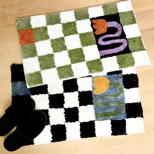 Flower Checkered Tufted Rug, Modern Y2K Aesthetics Carpet, Non-Slip Bath Mat, Abstract Checkerboard Mat, Soft Bedside Rug, Retro Home Decor