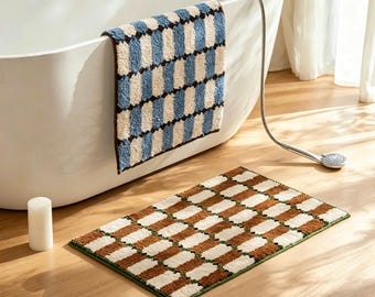 Mid Century Einfache Badezimmer Matte, Retro Kariert Braun Grün Blau Gitter, Toilettenteppich, Schlafzimmer Bodenteppich, 40x60 45x70 50 x 80 cm.