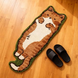 Könnte beinhalten: Ein brauner, weißer und grüner Katzen-Teppich liegt auf einem Holzboden. Der Teppich ist etwa 100 cm lang. Zwei schwarze Sandalen liegen neben dem Teppich.