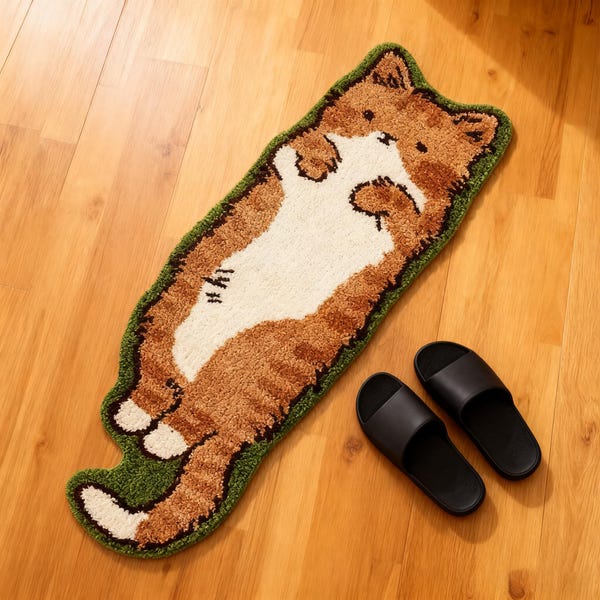 Kawaii Cat Long Tufted Rug, Washable Non-Slip Bedside Floor Mat, Mat for Bedroom, Living Room, Kids Room, Cute Fluffy Funny Pet Bathroom Rug