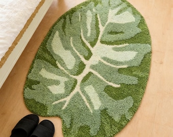 Monstera Blatt getuftet Teppich, flauschige Caladium Blatt Akzent Matte, waschbarer grüner Schlafzimmer Teppich, abstrakte Ästhetik Badteppich, modernes Wohndekor