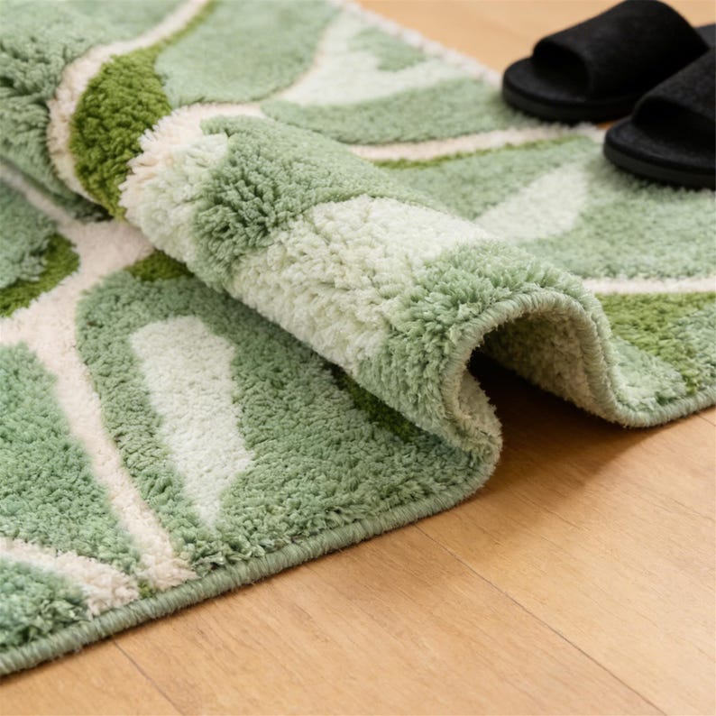 May include: A rolled-up bath mat featuring a green and white leaf pattern. The mat is made of a soft, plush material. Black sandals are visible in the background, resting on a wooden floor.